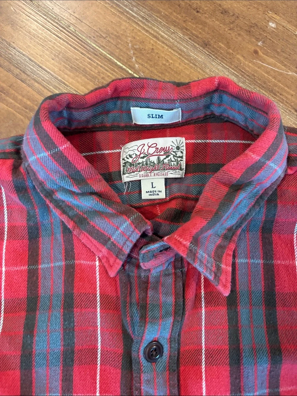 J.Crew Men's Red Plaid Slim Flannel Button Down Shirt - Large